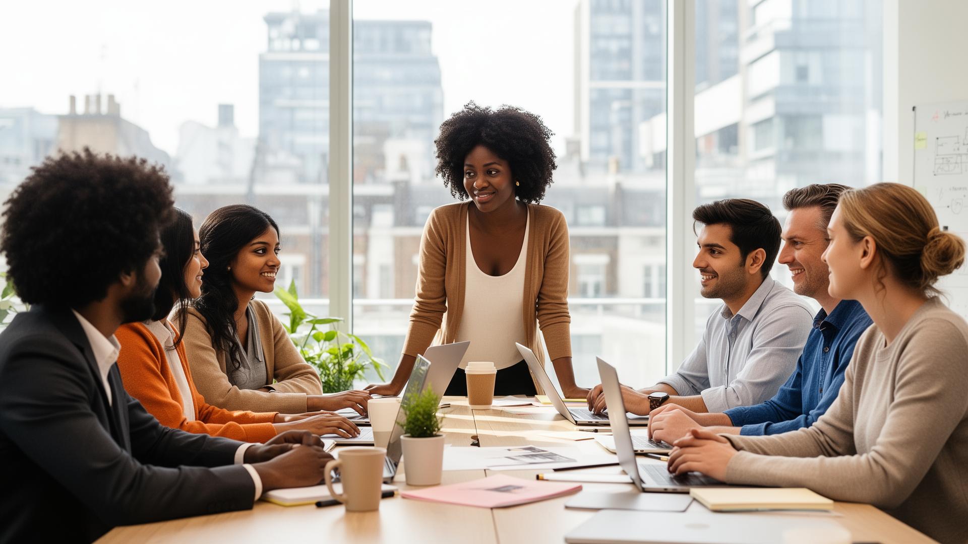 A diverse UK professional team at work in a modern office
